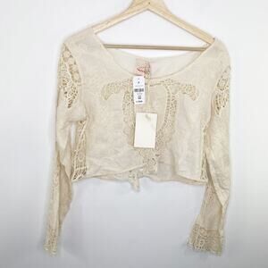 LF Nature Rose Cream Long Sleeve Woven Crop Top Women's Size Small/Medium S/M